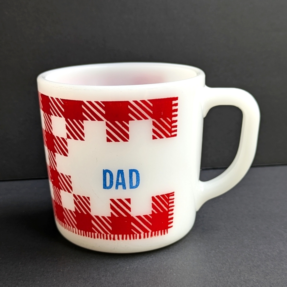 Vintage Milk Glass Coffee Mug DAD Red Gingham Westfield Heat Proof